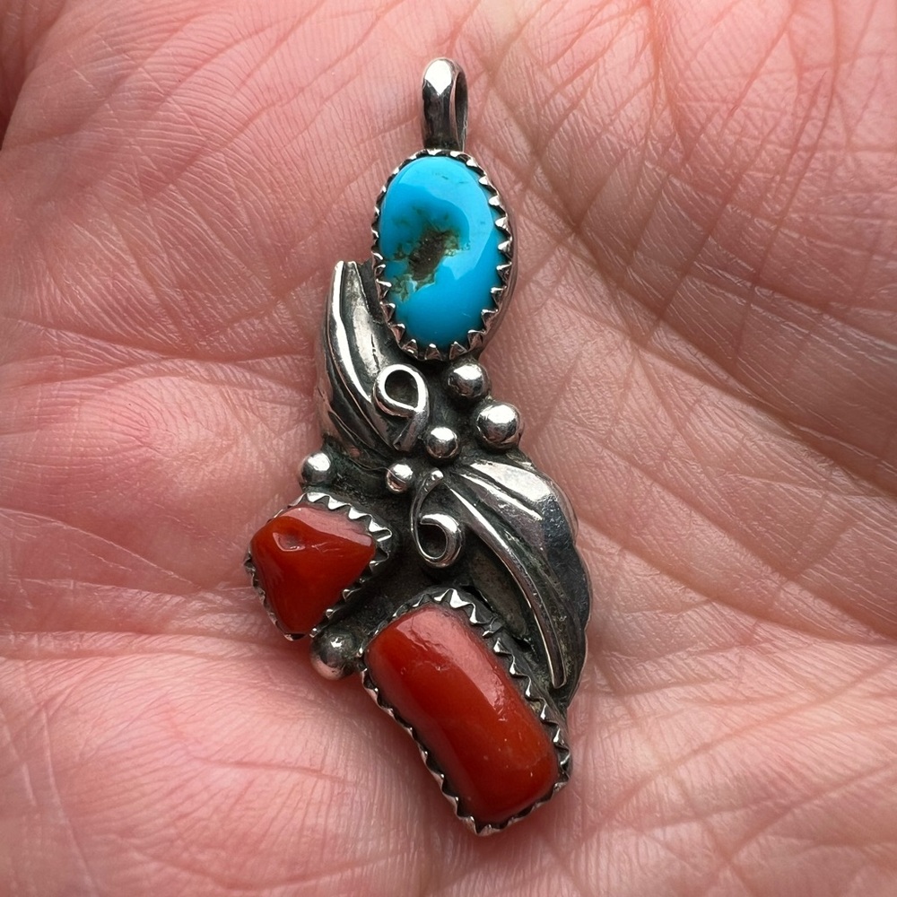 Vintage Turquoise & Double Coral Sterling Silver 925 Necklace Pendant